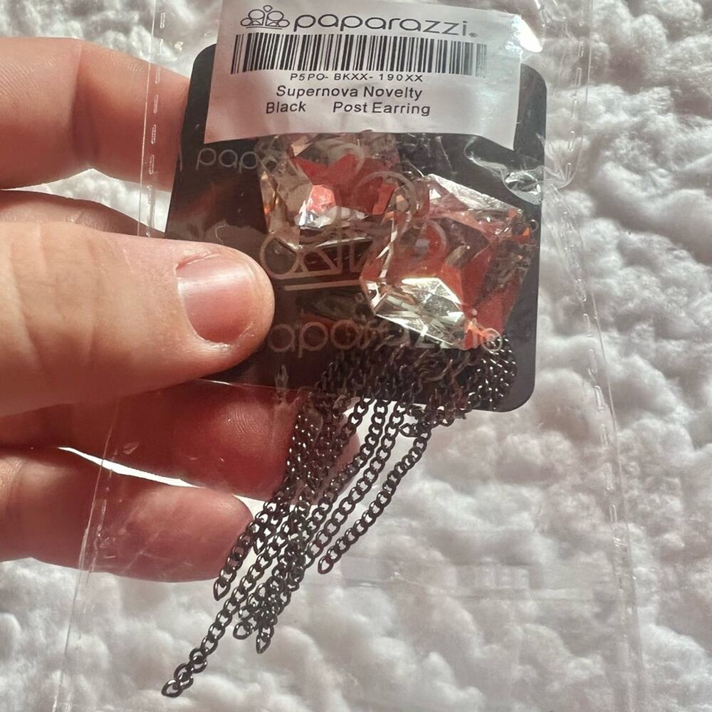 NWT paparazzi supernova novelty black stud earrings big clear gems dangle chains